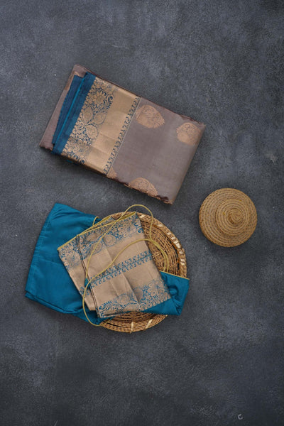 Lavish Handloom Silk Saree with Traditional Box Butties & Grand Pallu Saree JCS Fashions Greyish Brown 5.5 meters