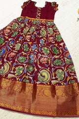 Girls Kalamkari Print Flared Gown with Zari Border – Chanderi Silk GIRLS JCS Fashions Maroon 24