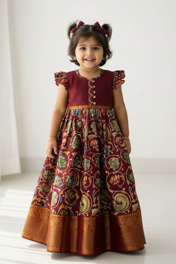 Maroon Girls' Frock Girls Kalamkari Print Flared Gown