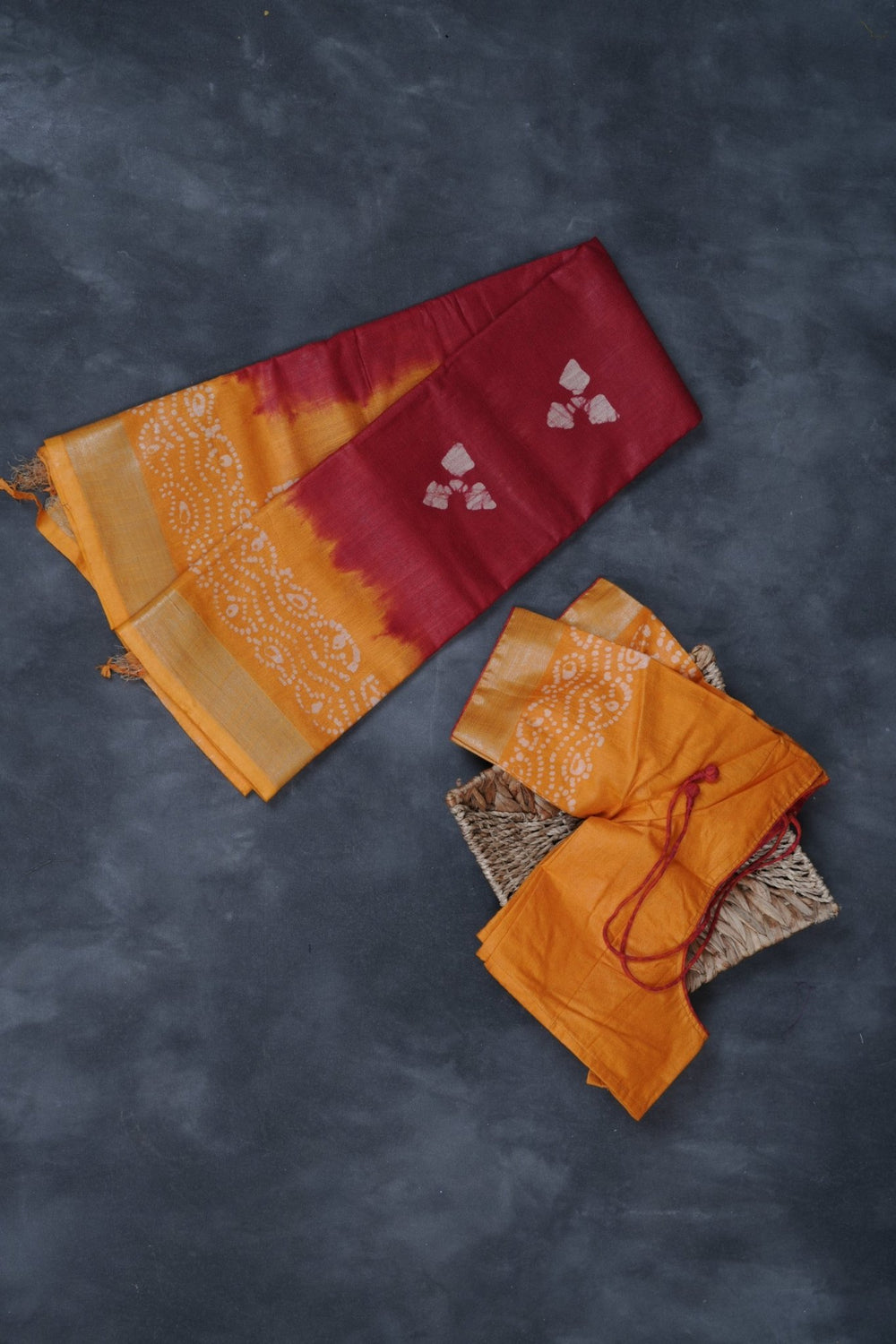 Liva Certified Linen Cotton Saree: Batik Prints and Contrast Border SAREE JCS Fashions Red with Yellow 5.5 meters