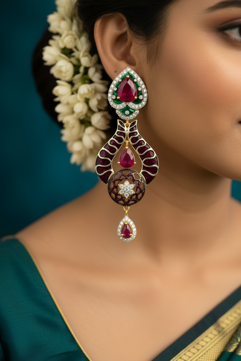 Red Stone Long Earrings - Maroon Enamel Drop