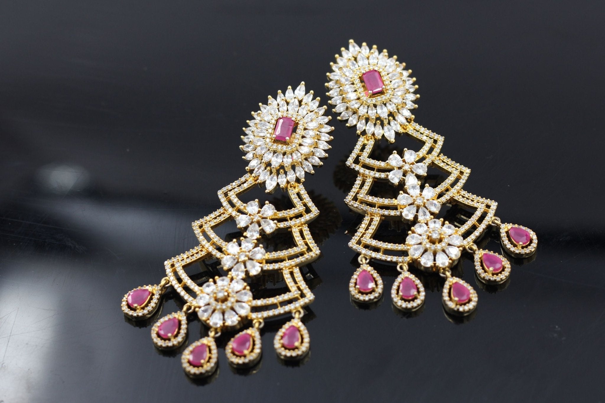 Luxe Pink & White Stone Long Earrings with Gold Polish - JCS Fashions Jewelry JCS Fashions
