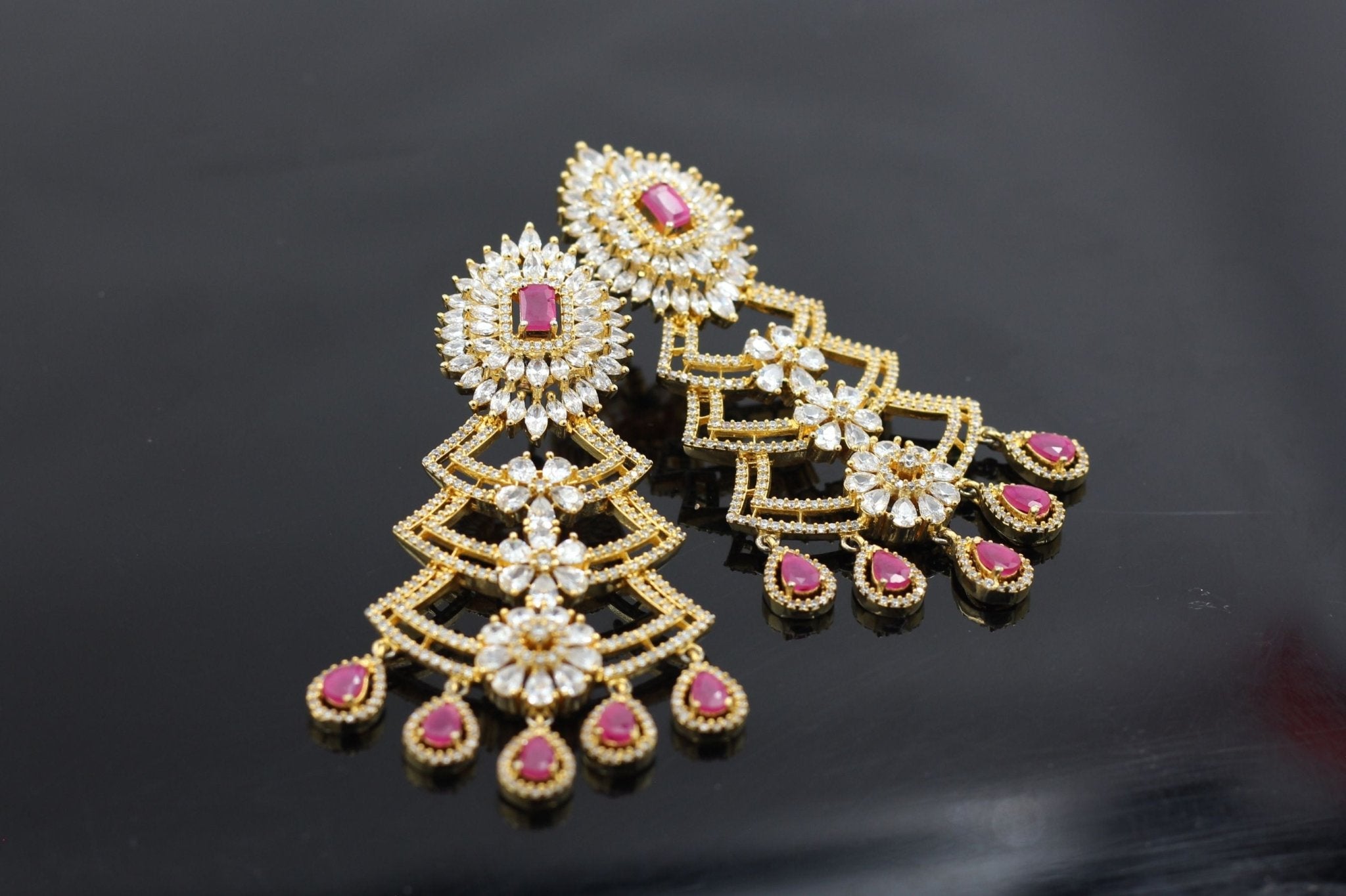 Luxe Pink & White Stone Long Earrings with Gold Polish - JCS Fashions Jewelry JCS Fashions