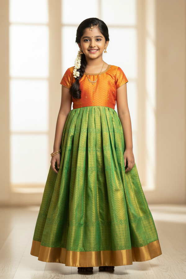 Girls' Silk Pattu Frock - Brown, Festival Wear