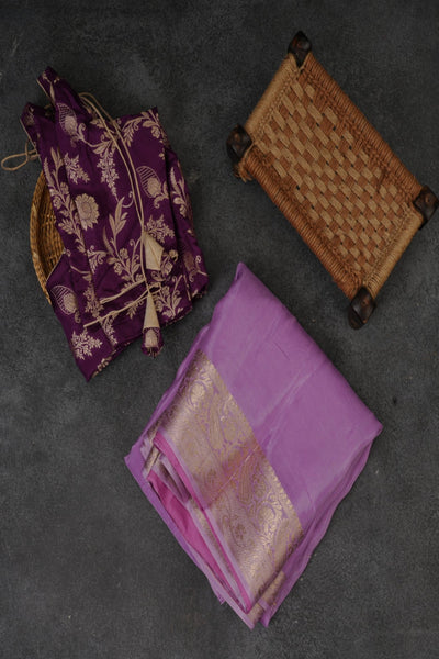 Luxurious Banaras Moonga Plain Crepe Saree with Elegant Kanchi Borders Saree JCS Fashions Violet 5.5 meters