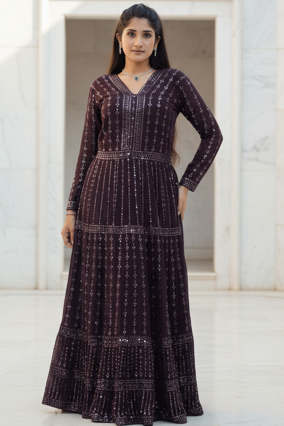 Purple Embroidered Georgette Kurti Gown with Sequin
