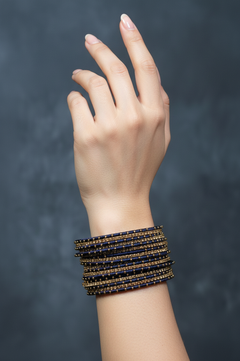 Navy Blue Metal Bangles Set of 23 - Golden Beads