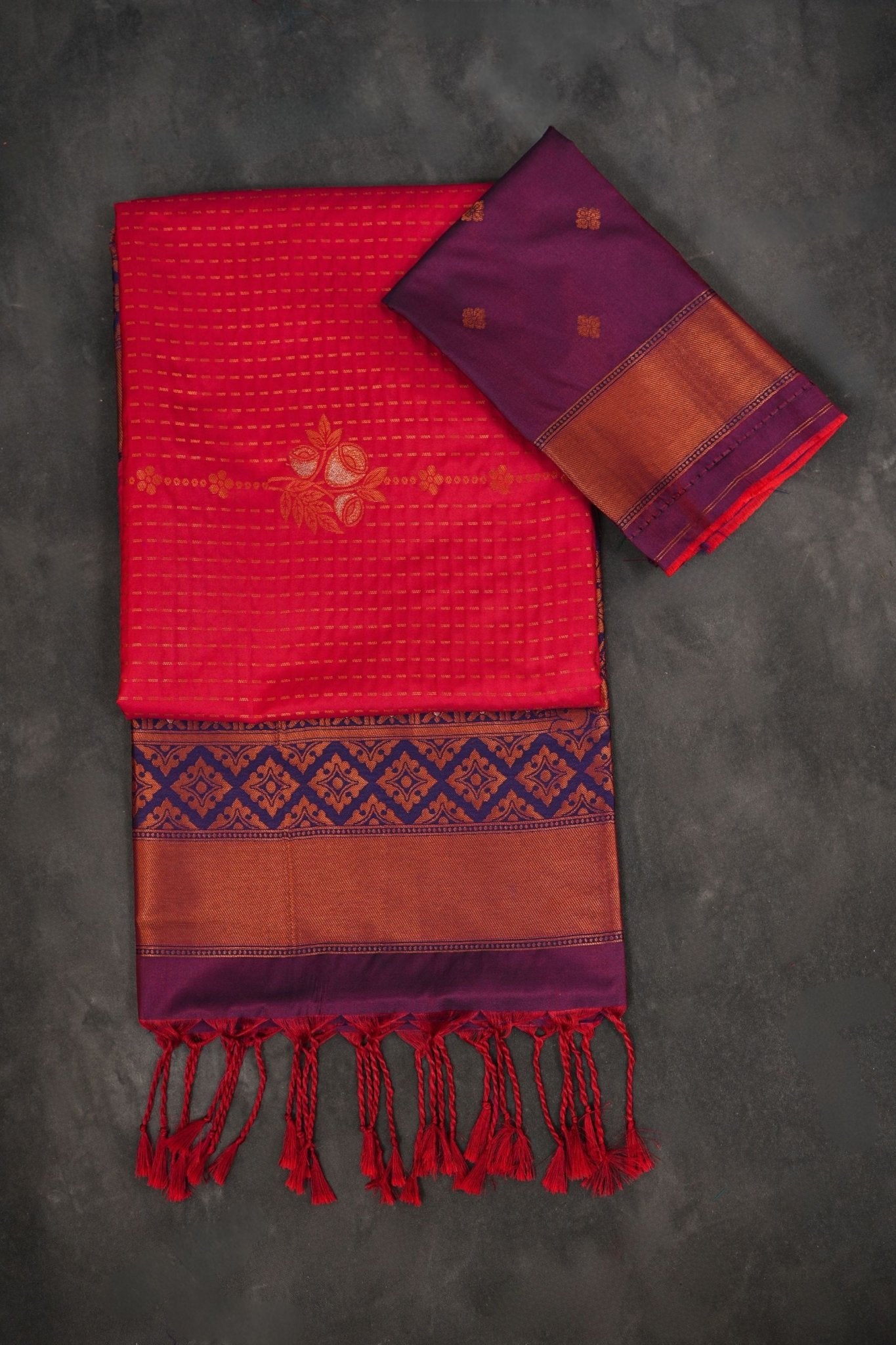 Luxurious Kanchipuram Semi-Silk Saree with Copper Zari Saree JCS Fashions Red 5.5 meters