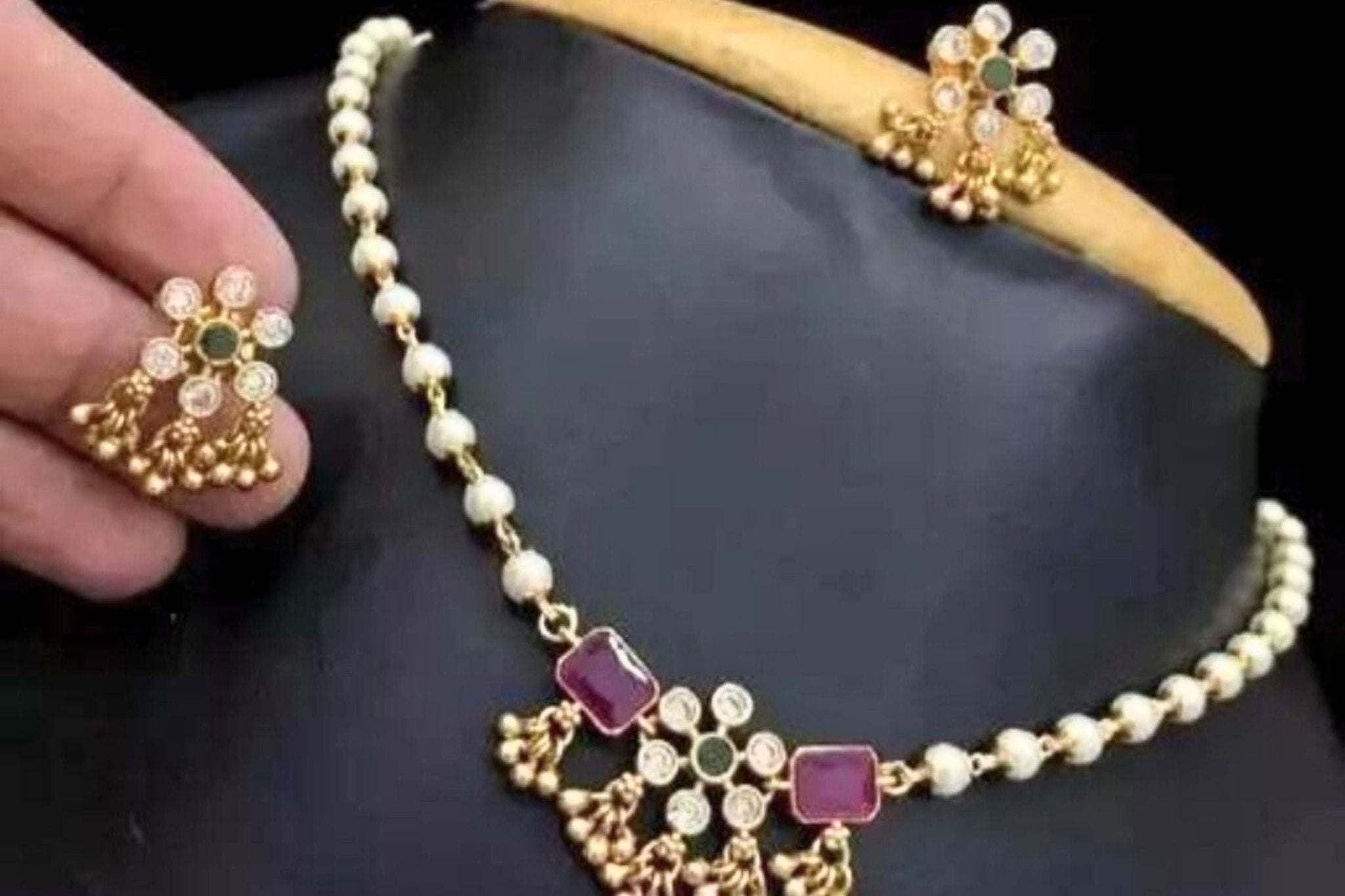 Luxurious Pearl CZ Stone Necklace & Earring Set - Gold Plated Elegance Jewelry JCS Fashions