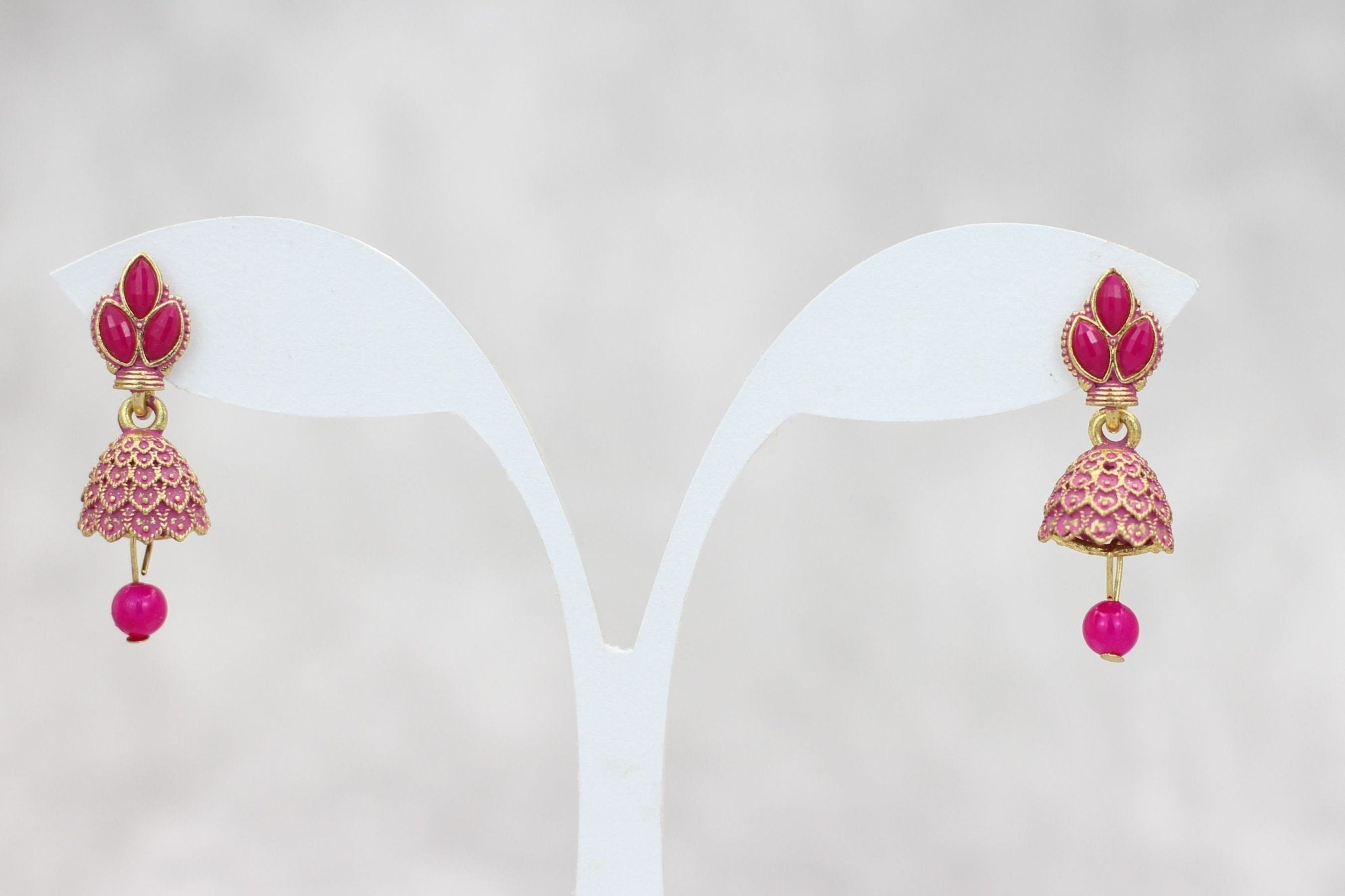 Maddy Space Ethnic Gold-Plated Small Jhumkis with Adjustable Size Jewelry JCS Fashions Pink 1.3 inch