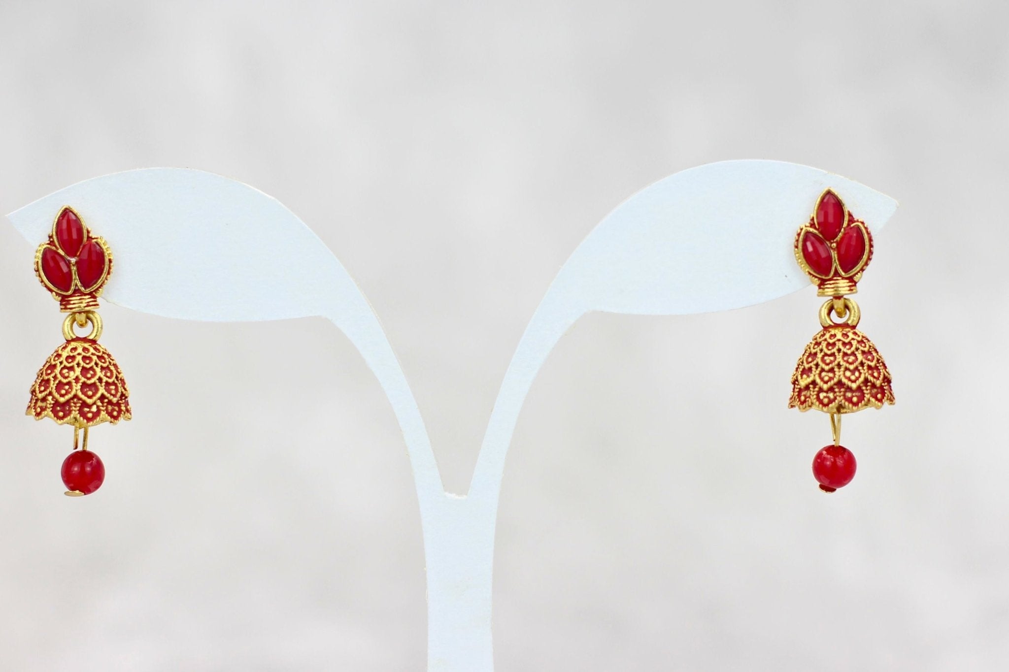Maddy Space Ethnic Gold-Plated Small Jhumkis with Adjustable Size Jewelry JCS Fashions Red 1.3 inch