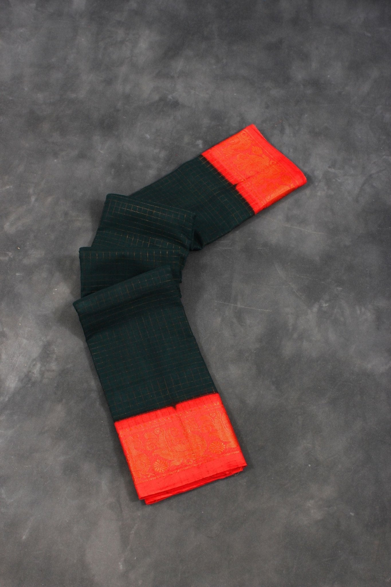 Pure Sungudi Cotton Saree with Golden Checks and Zari Border Saree JCS Fashions Dark Green 5.5 meters