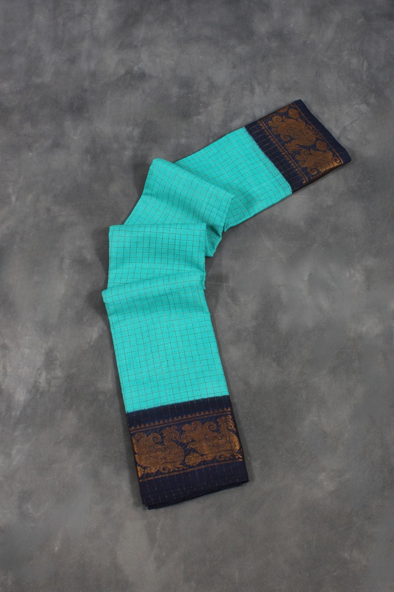 Handwoven Madurai Sungudi Cotton Saree – Golden Checks & Zari Border Saree JCS Fashions Sea Green 5.5 meters