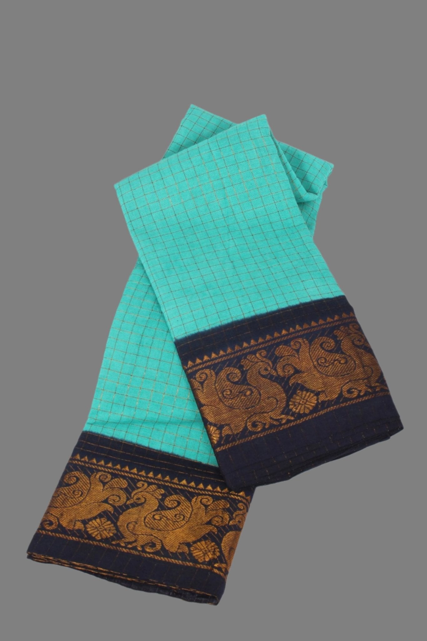 Handwoven Madurai Sungudi Cotton Saree – Golden Checks & Zari Border Saree JCS Fashions
