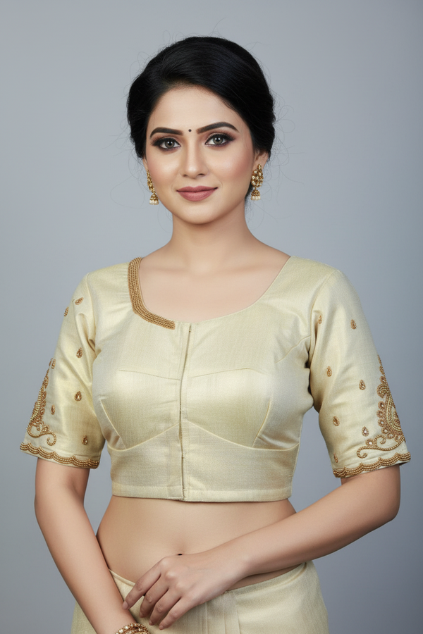 Beige Maggam Work Blouse - Heavy Tassels, Bridal