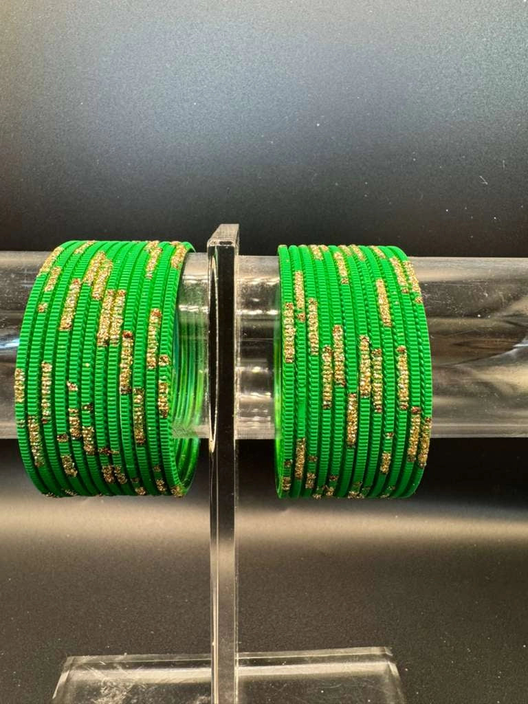 Kids Green Metal Bangles with Gold Glitter Finish - Pack of 24 - Green