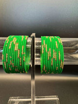 Kids Green Metal Bangles with Gold Glitter Finish - Pack of 24 - Green