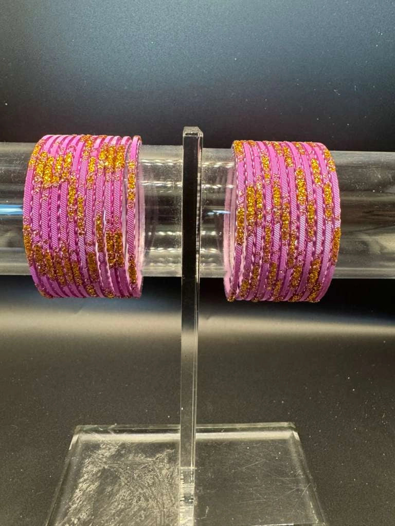 Kids Pink Metal Bangles Set with Gold Glitter (24 Pieces) for Girls, Fashion Jewellery - Baby Pink