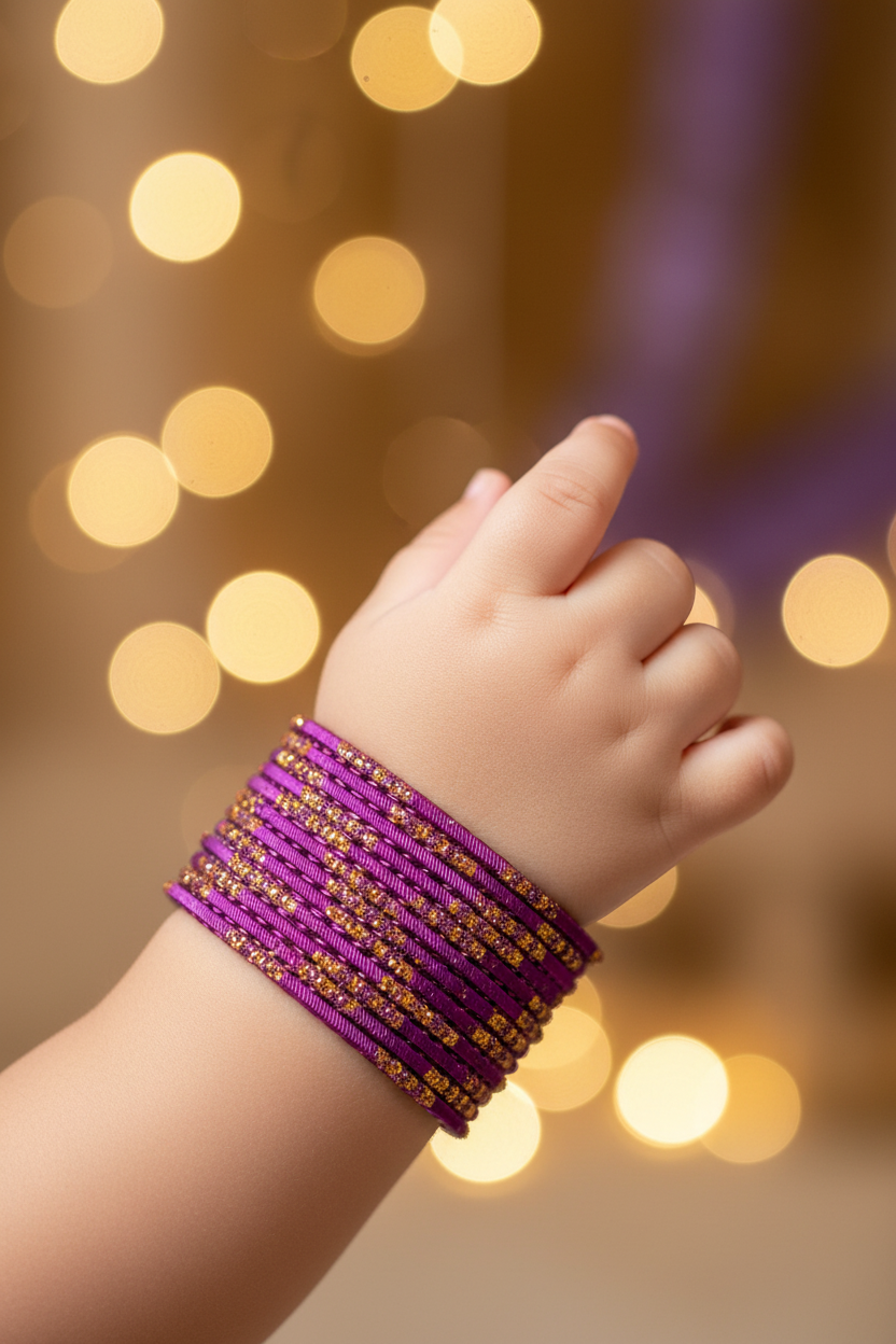Purple and Gold Glitter Kids Metal Bangles Set (24 Pieces)