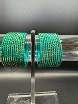 Teal Green Kids Metal Bangles with Gold Glitter Design Set of 24 - Teal Green