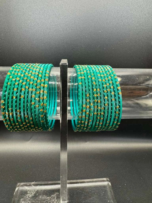 Teal Green Kids Metal Bangles with Gold Glitter Design Set of 24 - Teal Green