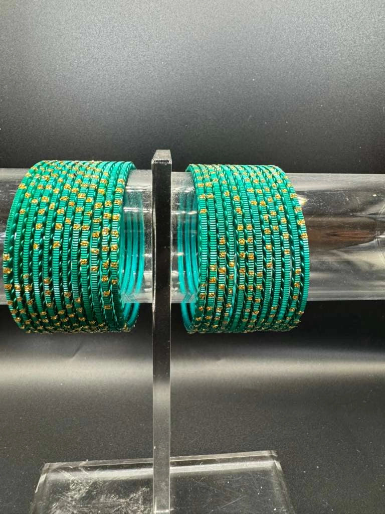 Teal Green Kids Metal Bangles with Gold Glitter Design Set of 24 - Teal Green
