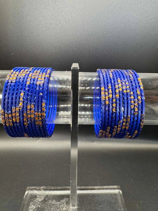 Royal Blue Kids Metal Bangles with Gold Glitter (24 Pieces) for Daily Wear - Royal Blue