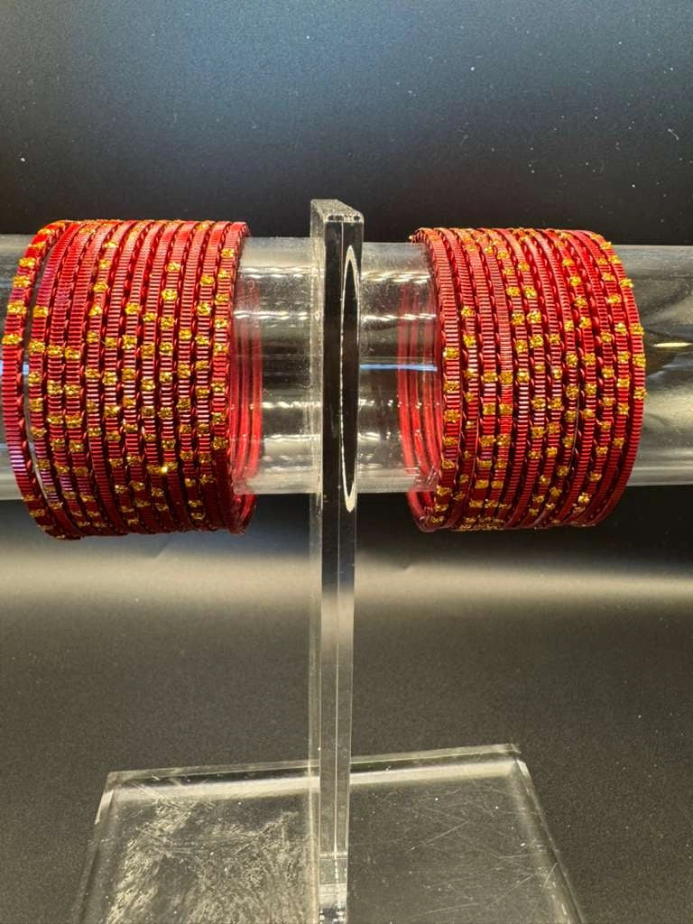 Kids Maroon Metal Bangles with Gold Glitter Studs (24 Pcs) for Daily Wear and Festive Outfits - Maroon