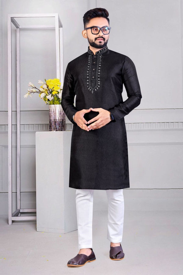 Men's Corian Silk Kurta with Resham Work and Cotton Pajama Men JCS Fashions Black Large (40)