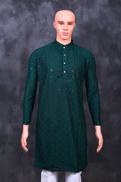 Men's Handcrafted Lakhnavi Kurta with Resham Work from JCSFashions Men JCS Fashions Dark Green Large (40)