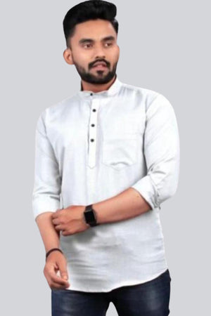 White Men's Partywear Short Kurta - Cotton