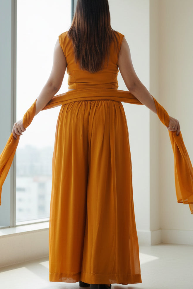 Modern Crop Top, Palazzo Pants & Elegant Overcoat Ensemble in Mustard Kurti JCS Fashions