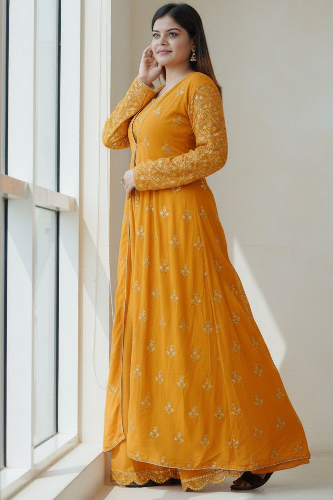 Modern Crop Top, Palazzo Pants & Elegant Overcoat Ensemble in Mustard Kurti JCS Fashions