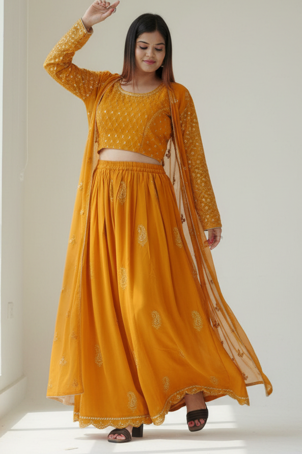 Modern Crop Top, Palazzo Pants & Elegant Overcoat Ensemble in Mustard