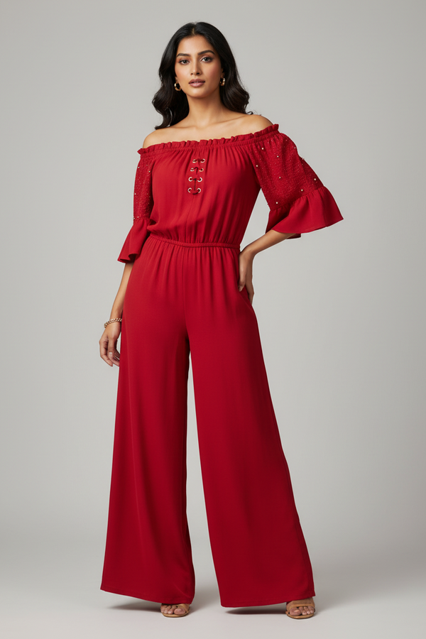 Off-Shoulder Neck Pattern Premium Georgette Jump Suits