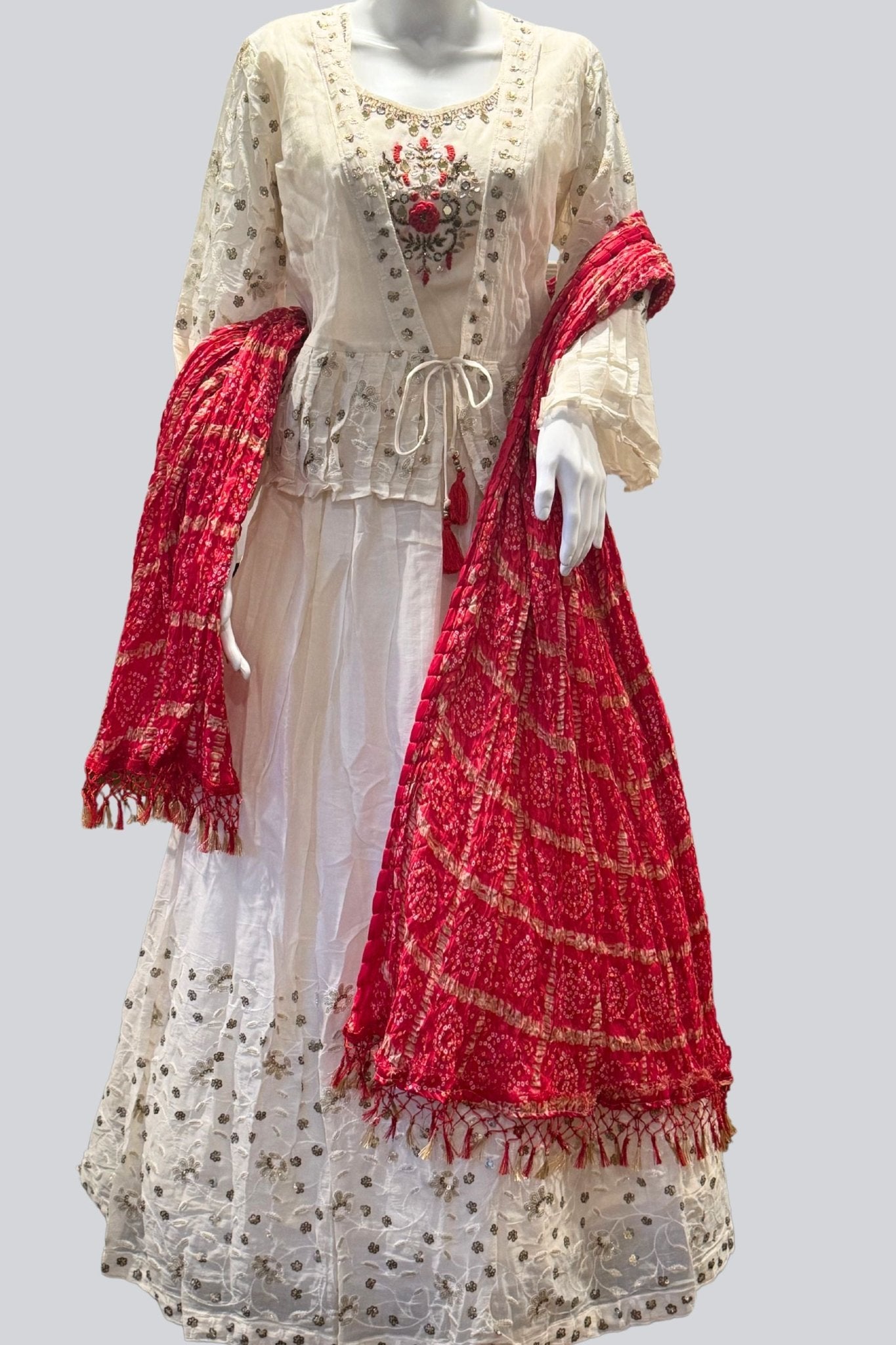 One-of-a-kind Crop top with jacket and skirt with sequins work Lehenga JCS Fashions Cream Large (40)