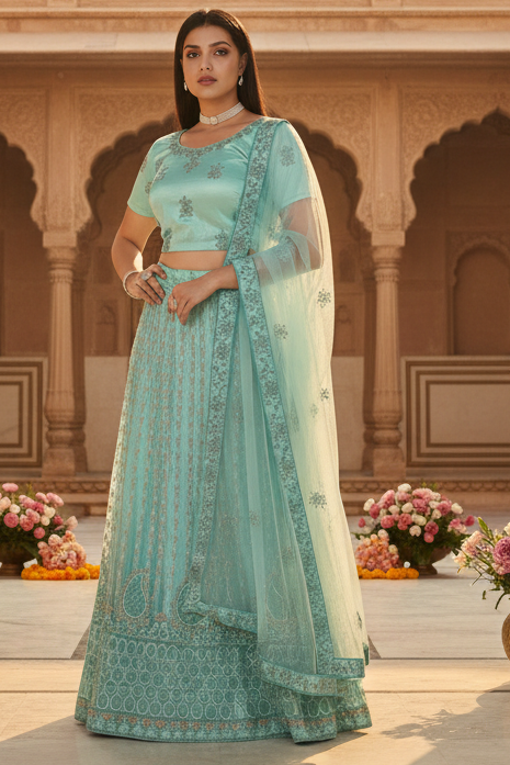 Green Opulent Glitter Embroidered Soft Net Lehenga