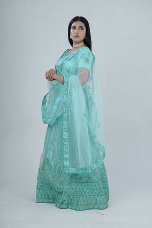Green Opulent Glitter Embroidered Soft Net Lehenga