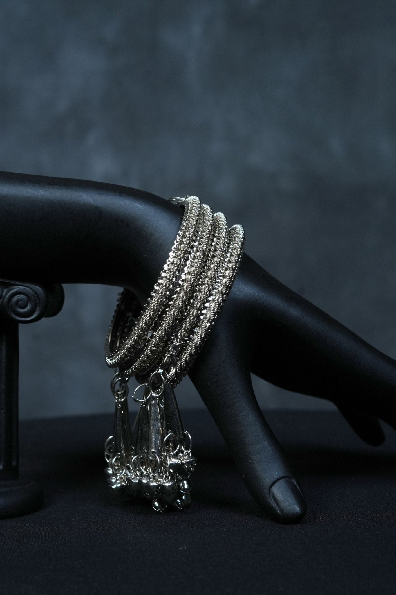 Oxidized White Metal Bangles with Hangings - Set of 2 | JCS Fashions - JCS Fashions