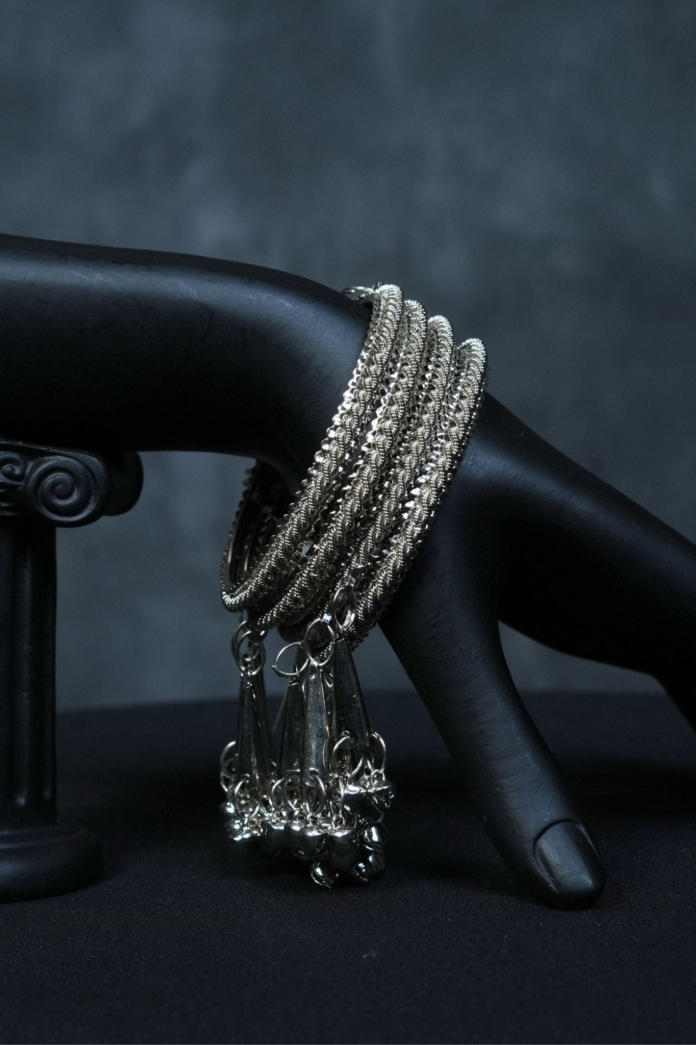 Oxidized White Metal Bangles with Hangings - Set of 2 | JCS Fashions - JCS Fashions
