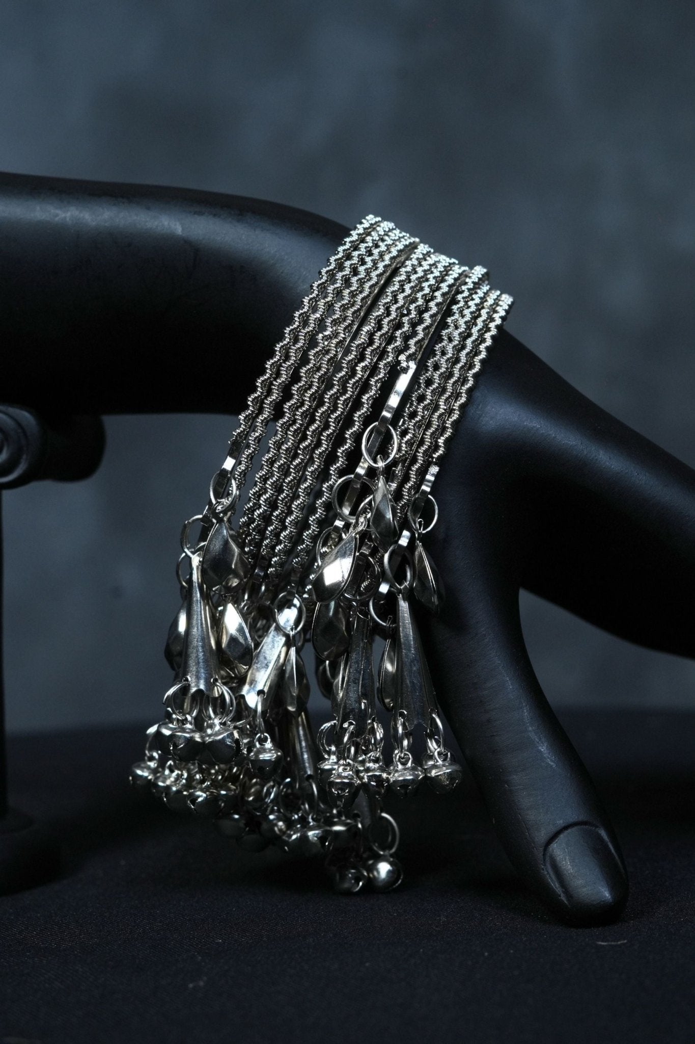 Oxidized White Metal Bangles with Hangings - Set of 4 piece | JCS Fashions - JCS Fashions