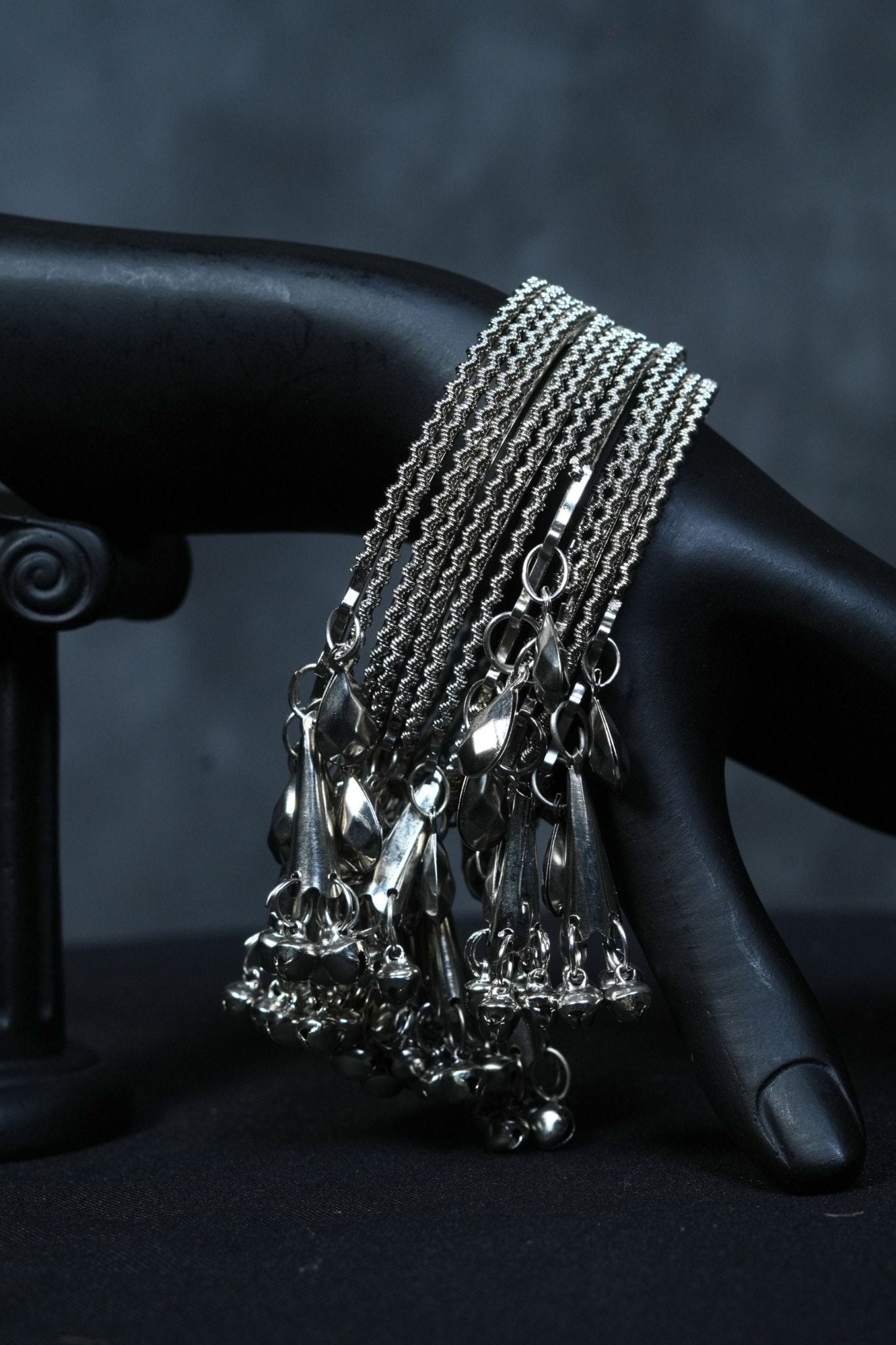 Oxidized White Metal Bangles with Hangings - Set of 4 piece | JCS Fashions - JCS Fashions