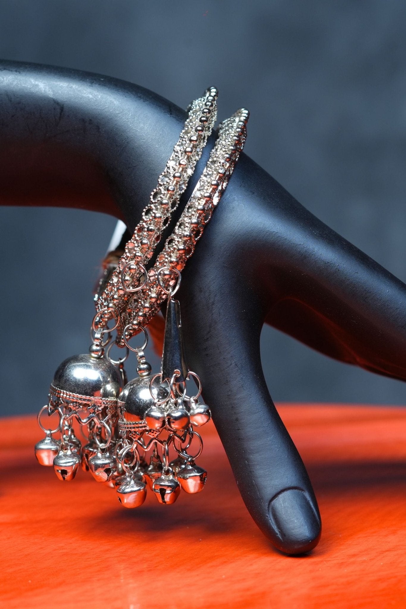 Oxidized White Metal Bangles with Jhumka Hangings - Set of 2 |JCSFashion Jewelry JCS Fashions silver 2.40