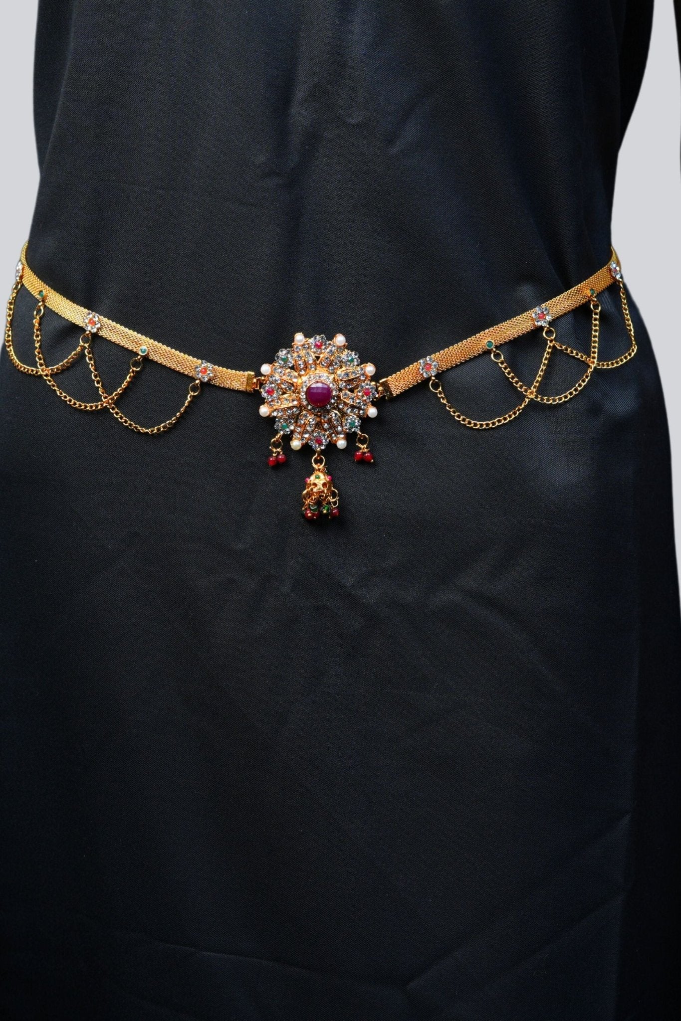Pink and Green Stone Embellished Antique Hip Chain by JCS Fashion Jewelry JCS Fashions