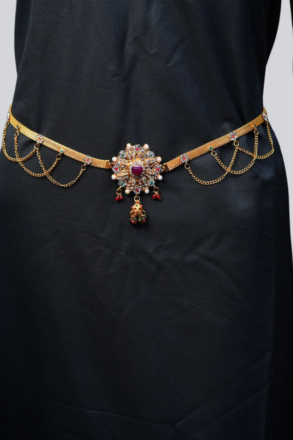 Pink and Green Stone Embellished Antique Hip Chain by JCS Fashion Jewelry JCS Fashions