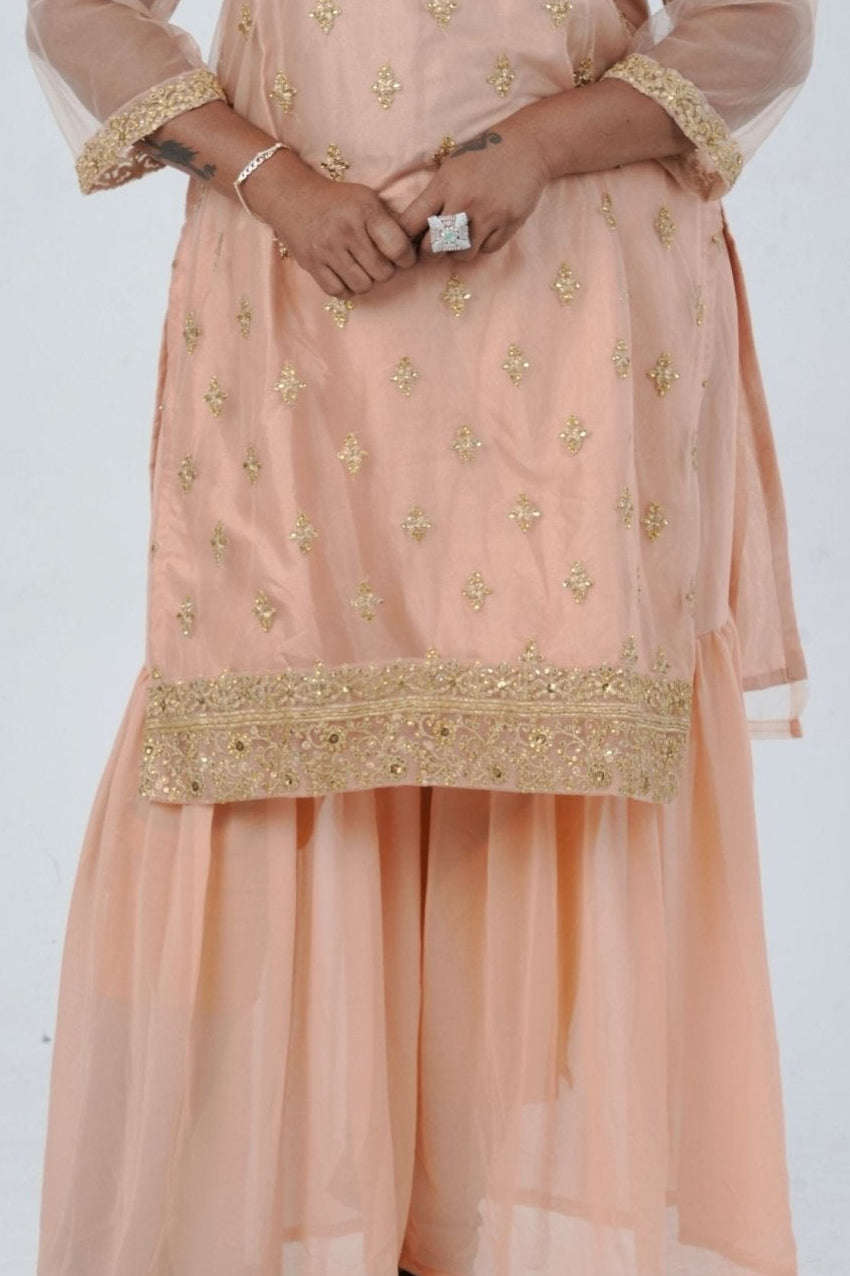 Plus Size: Ethnic Elegance: Soft Net Sharara in Peach KURTI JCS Fashions