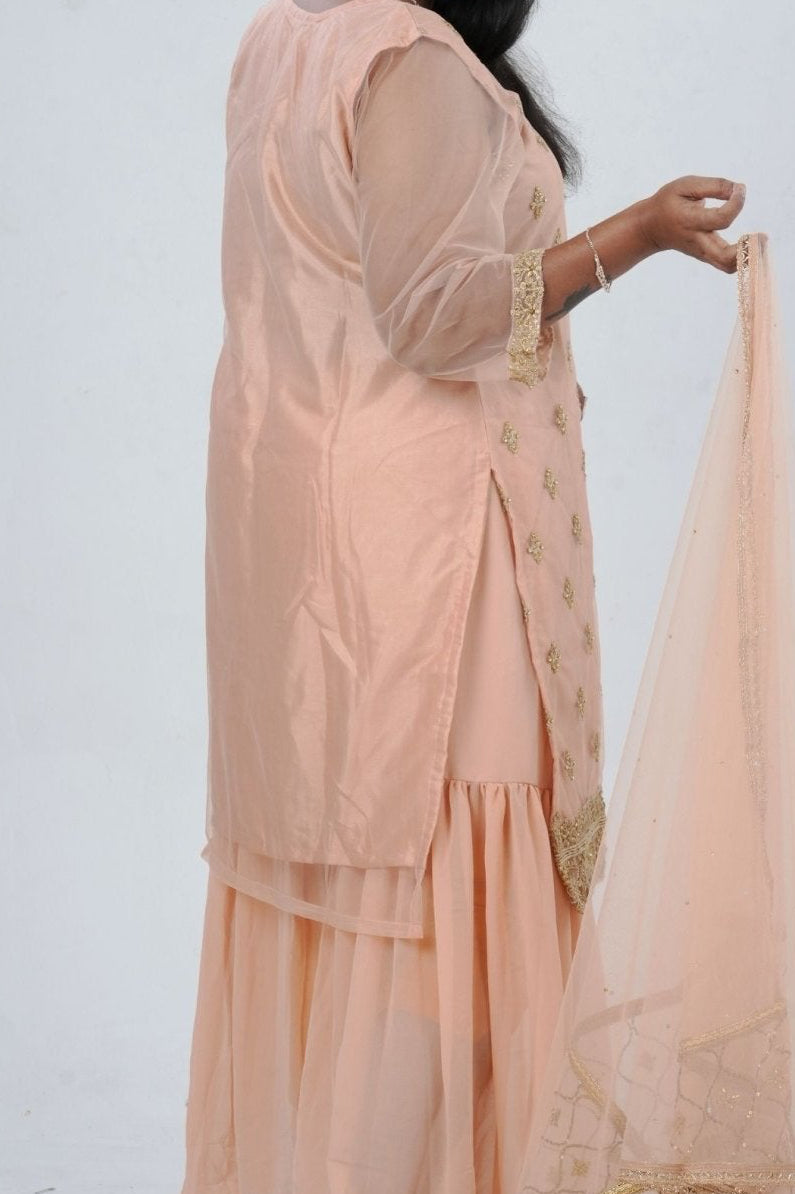 Plus Size: Ethnic Elegance: Soft Net Sharara in Peach KURTI JCS Fashions