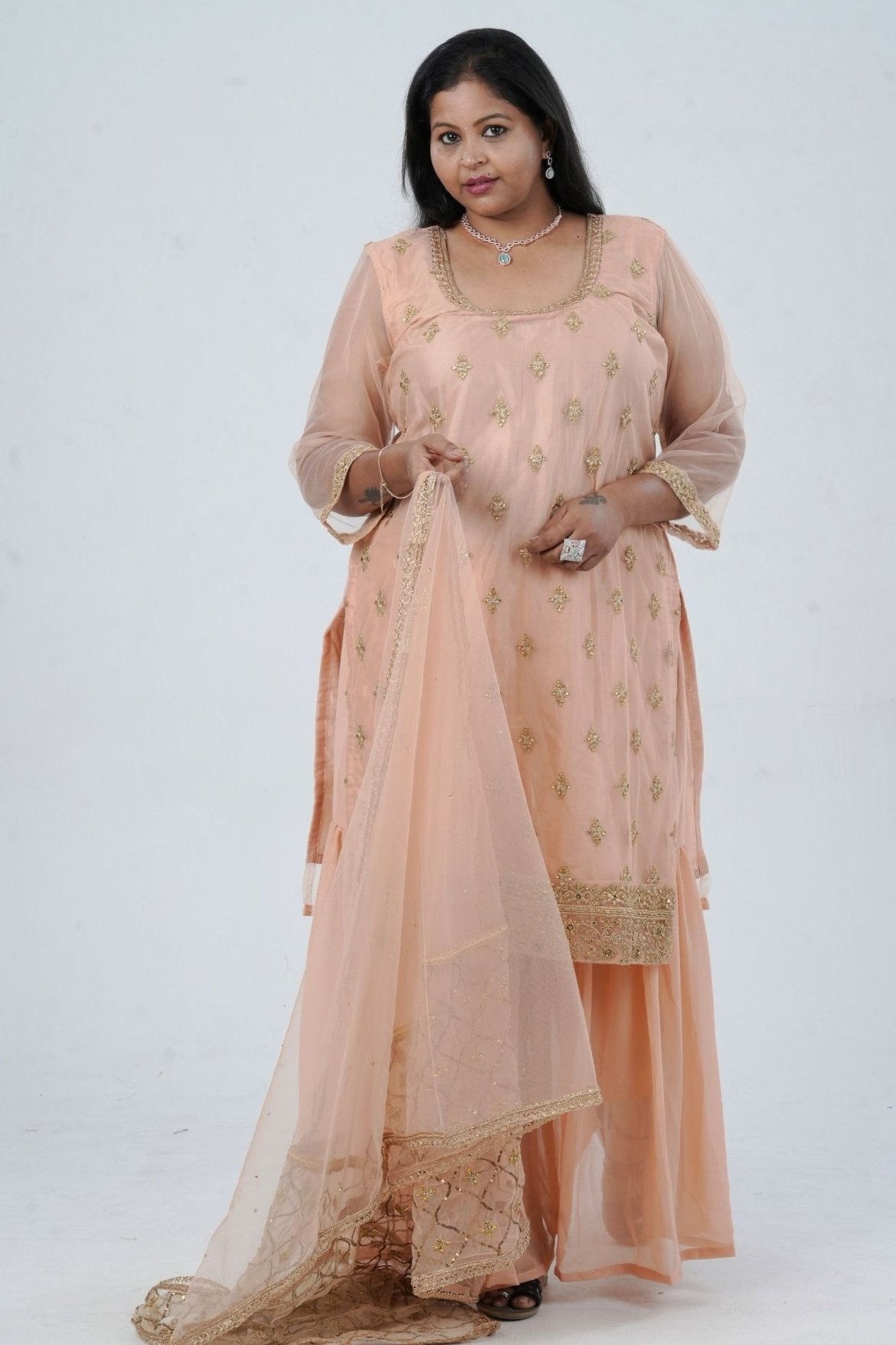 Plus Size: Ethnic Elegance: Soft Net Sharara in Peach KURTI JCS Fashions