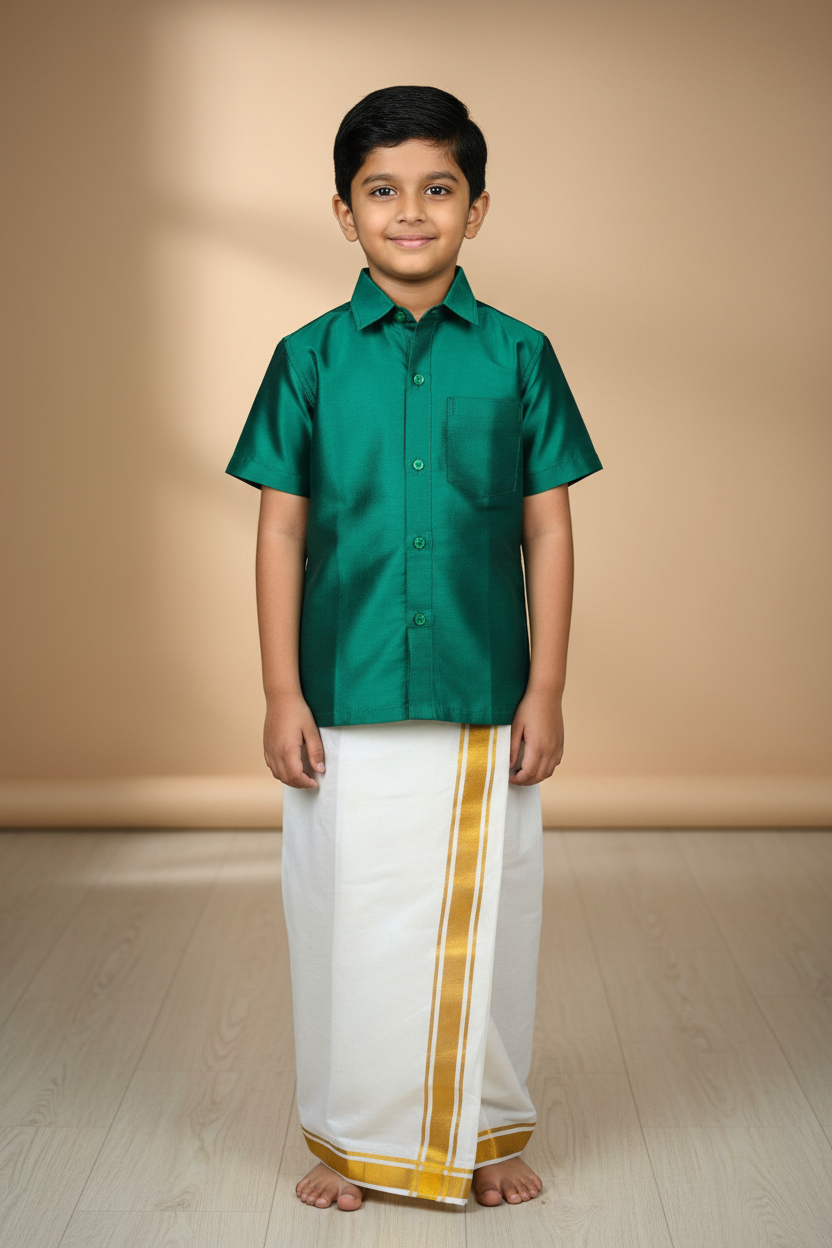 Boys' Green Silk-Cotton Dhoti Set - Traditional