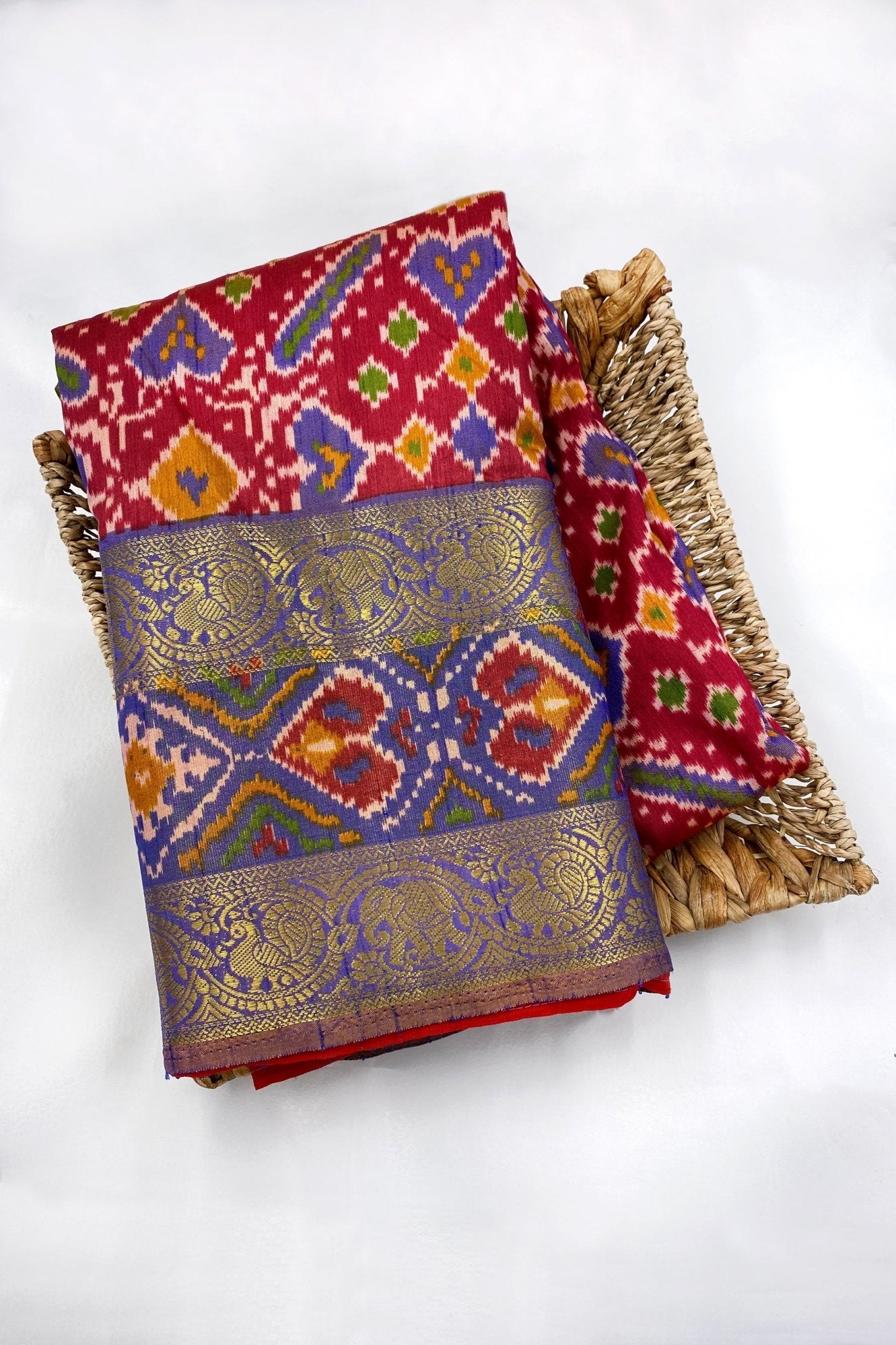 Premium Buttersilk Patola Saree with Aari Work Blouse - JCSFashion Saree JCS Fashions Red 5.5 Meters